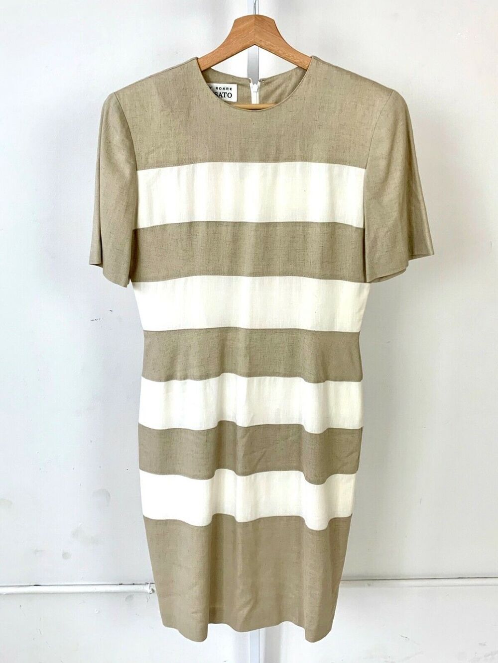 VTG KAMISATO Geary Roark 10 Short Sleeve Dress Rayon Linen Khaki Tan Cream USA